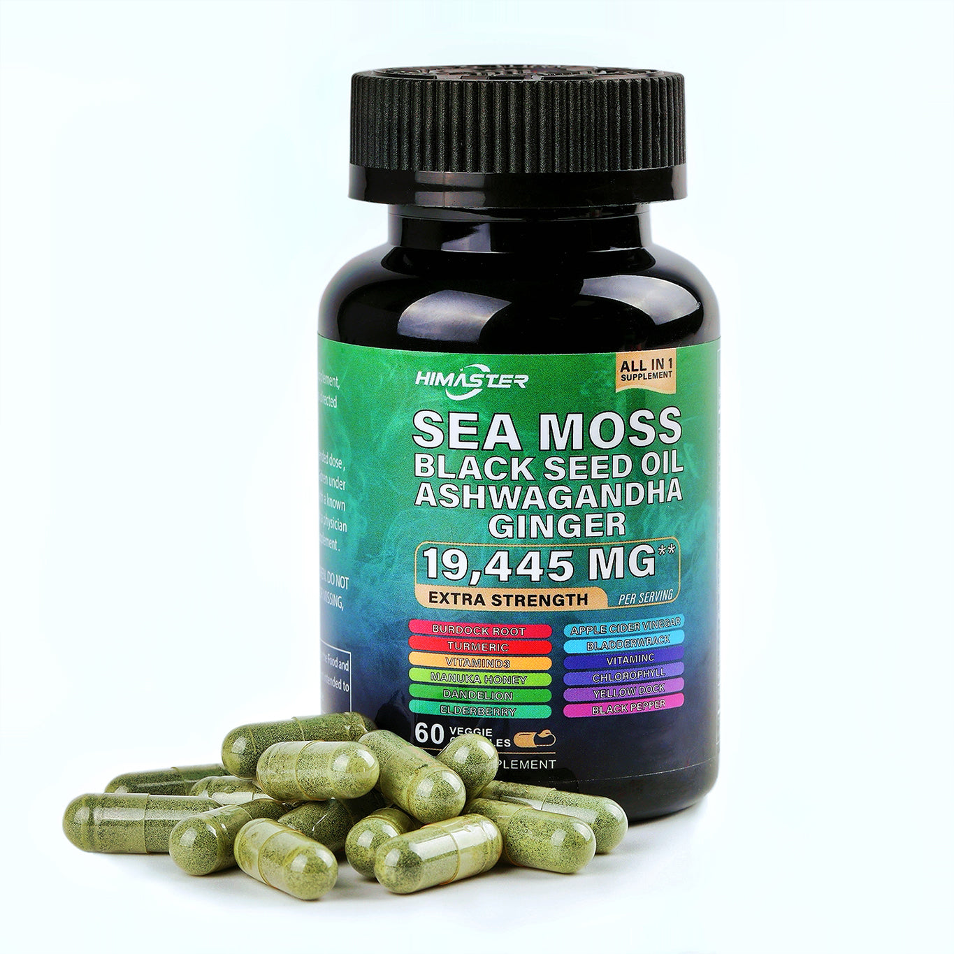 Himaster Sea Moss Black Seed Oil 6000mg Ashwagandha Turmeric BladderwrackBurdock Ginger Vitamin C Vitamin D3 Gel & Powder for Immunity