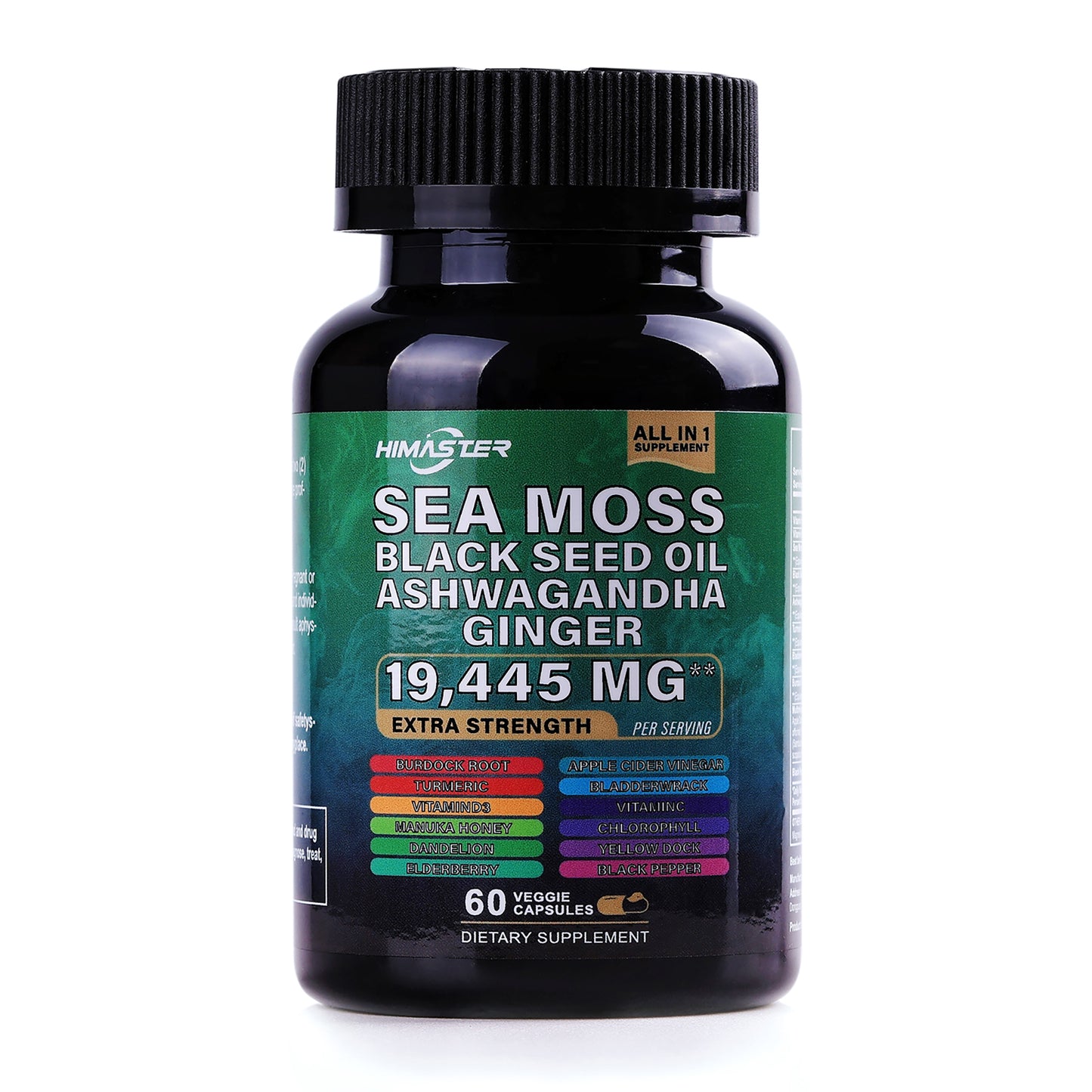 Himaster Sea Moss Black Seed Oil 6000mg Ashwagandha Turmeric BladderwrackBurdock Ginger Vitamin C Vitamin D3 Gel & Powder for Immunity